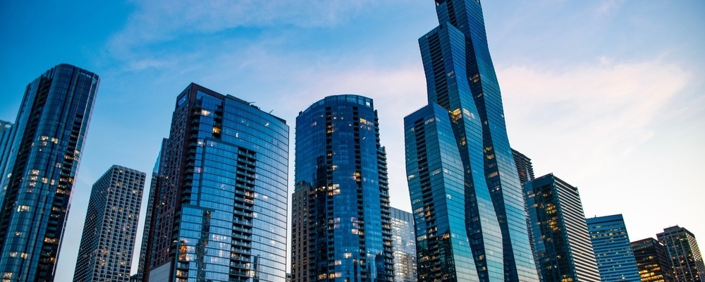 A business district with many skyscrapers in sight