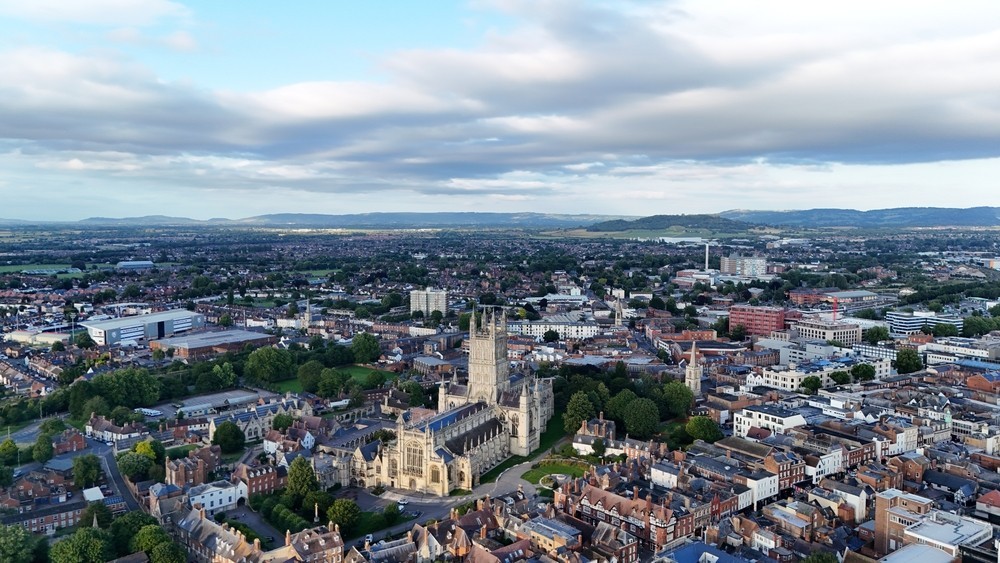 Aerial view of Gloucester Cathedral and the surrounding area