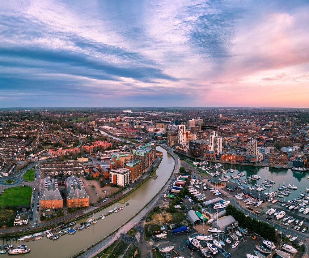 An aerial photo overlooking Ipswich town centre