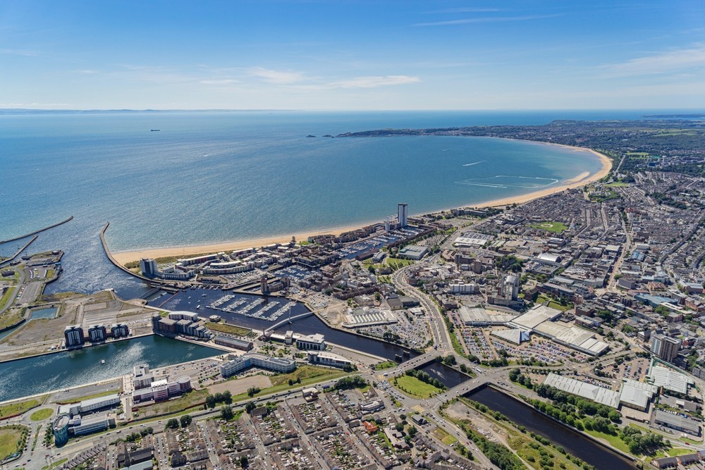 An aerial view overlooking Swansea city centre