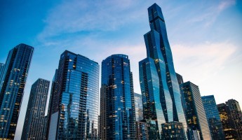 A business district with many skyscrapers in sight