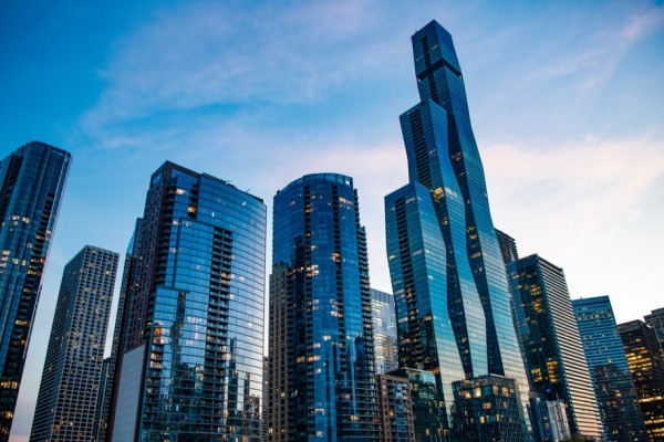 A business district with many skyscrapers in sight