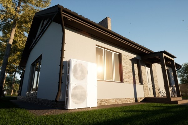 Photo of a heat pump in front of a building