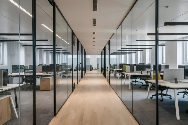 Modern office interior showing desks, monitors, and chairs