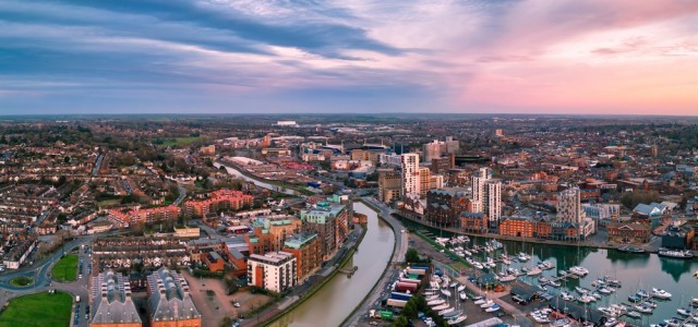 An aerial photo overlooking Ipswich town centre