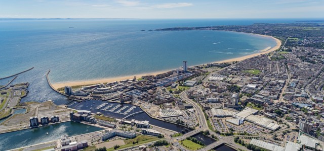 An aerial view overlooking Swansea city centre