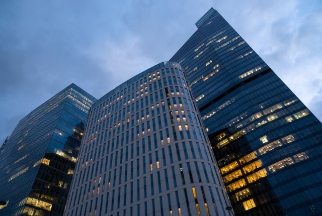 A skyscraper in the evening in a city