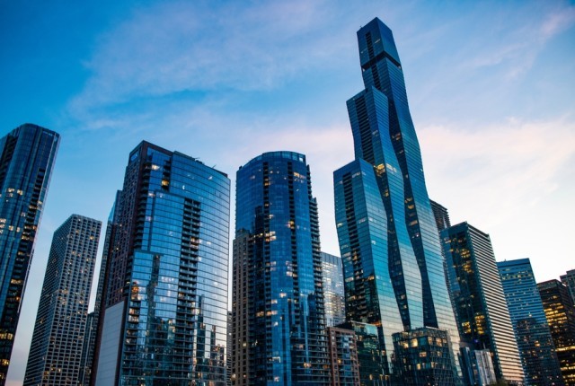 A business district with many skyscrapers in sight